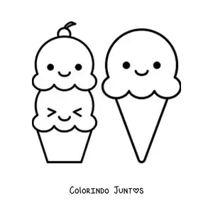 Desenho para colorir de um sorvete de dois sabores e um sorvete de casquinha kawaii