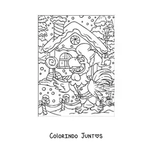 Desenho para colorir de papagaio animado com casa de gengibre