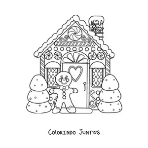 Desenho para colorir de casa de gengibre natalina com boneco de gengibre