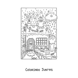 Desenho para colorir de casinha de gengibre com jardim