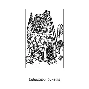 Desenho para colorir de casinha de gengibre realista com jardim