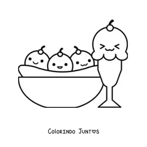 Desenho para colorir de um banana split e um sorvete de taça kawaii