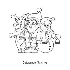 Desenho para colorir de rena natalina com Papai Noel e boneco de neve