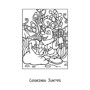 Desenho para colorir de rena natalina animada com presentes