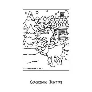 Desenho para colorir de rena natalina animada na neve