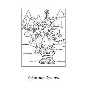Desenho para colorir de rena natalina animada com Papai Noel