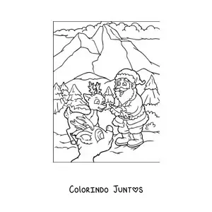 Desenho para colorir de renas natalinas animadas com Papai Noel