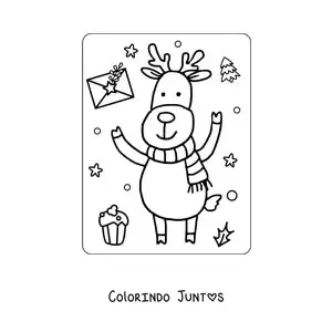 Desenho para colorir de rena de Natal kawaii animada com cachecol