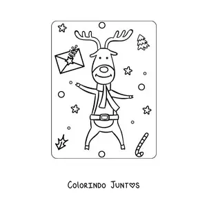 Desenho para colorir de rena de Natal animada com cachecol