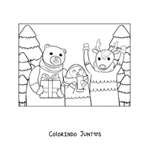 Desenho para colorir de rena de Natal com animais e presentes