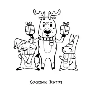 Desenho para colorir de rena de Natal com animais e presentes