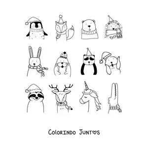 Desenho para colorir de rena de Natal com animais natalinos