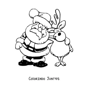 Desenho para colorir de rena de Natal com Papai Noel