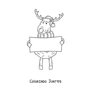 Desenho para colorir de rena com placa e gorro de Natal