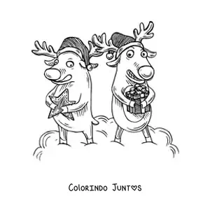 Desenho para colorir de renas natalinas com presentes em estilo cartoon