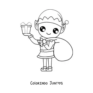 Desenho para colorir de duende de Natal com saco de presentes