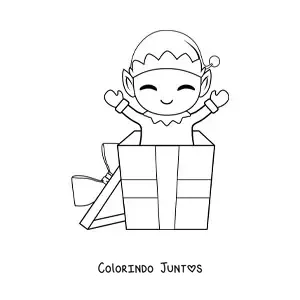 Desenho para colorir de duende de Natal sobre um presente