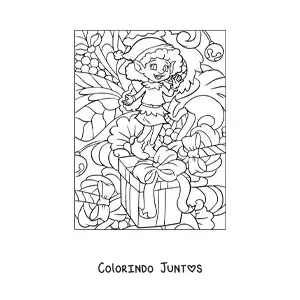 Desenho para colorir de menina duende de Natal com presente