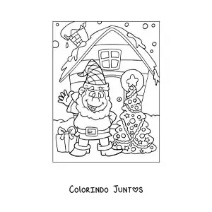 Desenho para colorir de duende de Natal com árvore