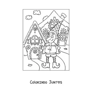 Desenho para colorir de duende de Natal com casa de gengibre