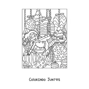 Desenho para colorir de duende de Natal com bolas de Natal