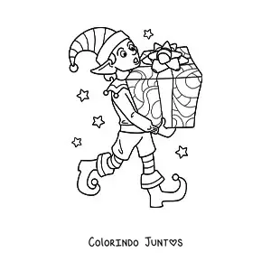 Desenho para colorir de duende de Natal com presente