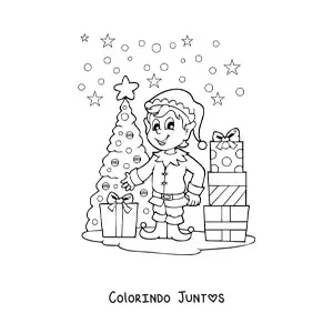 Desenho para colorir de duende de Natal junto a arvore e aos presentes