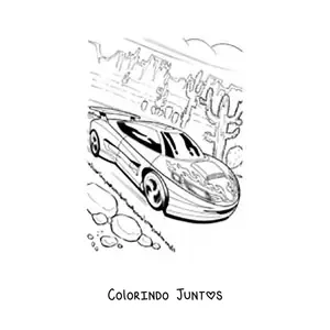 Desenho para colorir de um carro de corrida em alta velocidade em um deserto