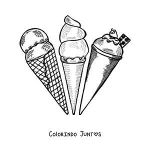 Desenho para colorir de três casquinhas de sorvete de sabores diferentes