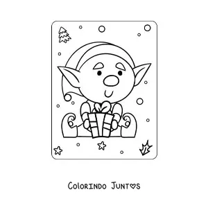 Desenho para colorir de elfo de Natal animado sentado com presente