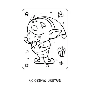 Desenho para colorir de elfo de Natal animado comendo um biscoito