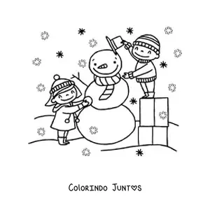 Desenho para colorir de criancas montando um boneco de neve no Natal