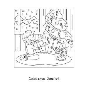 Desenho para colorir de criancas abrindo presentes em casa no Natal