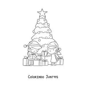 Desenho para colorir de criancas abrindo presentes junto a arvore de Natal