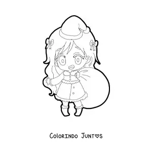 Desenho para colorir de menina kawaii com roupa natalina e saco de presentes estilo anime