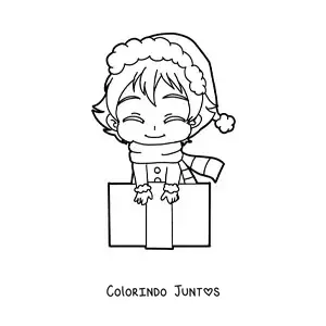 Desenho para colorir de menina kawaii com presente de Natal estilo anime