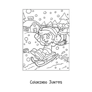 Desenho para colorir de menino deslizando num treno no Natal