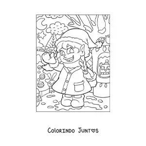 Desenho para colorir de menina brincando na neve no Natal