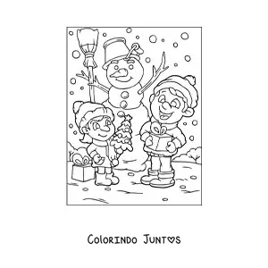 Desenho para colorir de criancas com presentes de Natal e boneco de neve