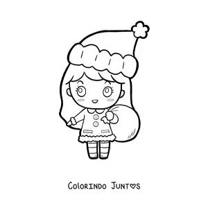 Desenho para colorir de menina kawaii com gorro de Natal e saco de presentes
