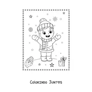 Desenho para colorir de menino brincando na neve no Natal