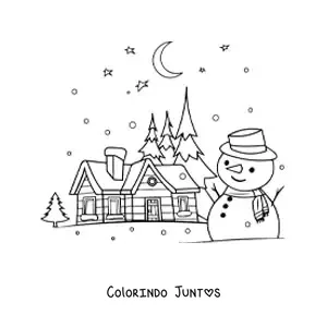 Desenho para colorir de boneco de neve com paisagem
