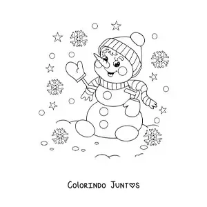 Desenho para colorir de boneco de neve animado com cachecol e flocos de neve