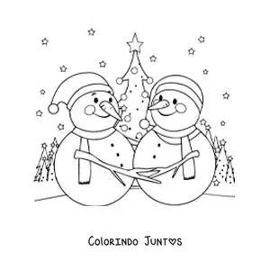 Desenho para colorir de dois bonecos de neve com paisagem