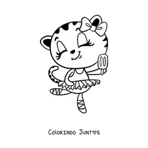 Desenho para colorir de uma gata bailarina animada comendo sorvete
