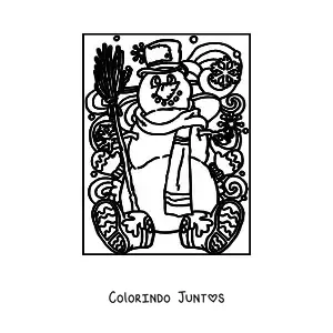 Desenho para colorir de boneco de neve com chapeu e vassoura