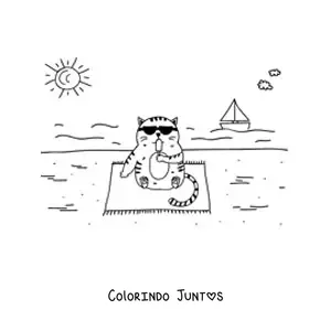 Desenho para colorir de um gato animado sentado comendo sorvete na praia