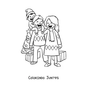 Desenho para colorir de familia com menino celebrando o Natal junto a arvorezinha