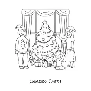 Desenho para colorir de familia com menina celebrando o Natal em casa junto a arvorezinha