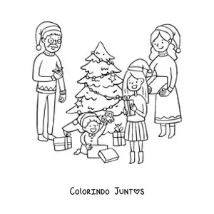 Desenho para colorir de familia com criancas abrindo presentes no Natal